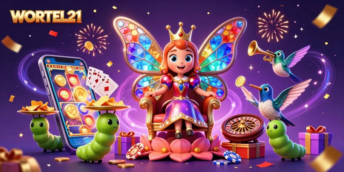 Experience the magic with WORTEL21, featuring a butterfly queen and vibrant casino elements.