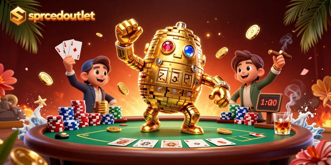 Engage with spacedoutlet's thrilling casino scene featuring a golden golem and poker elements.