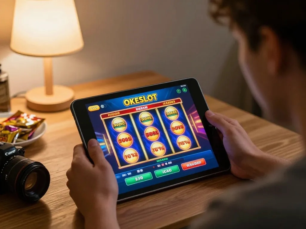 Player enjoying an engaging gaming session on OKESLOT mobile app at home, showcasing strategic gameplay.