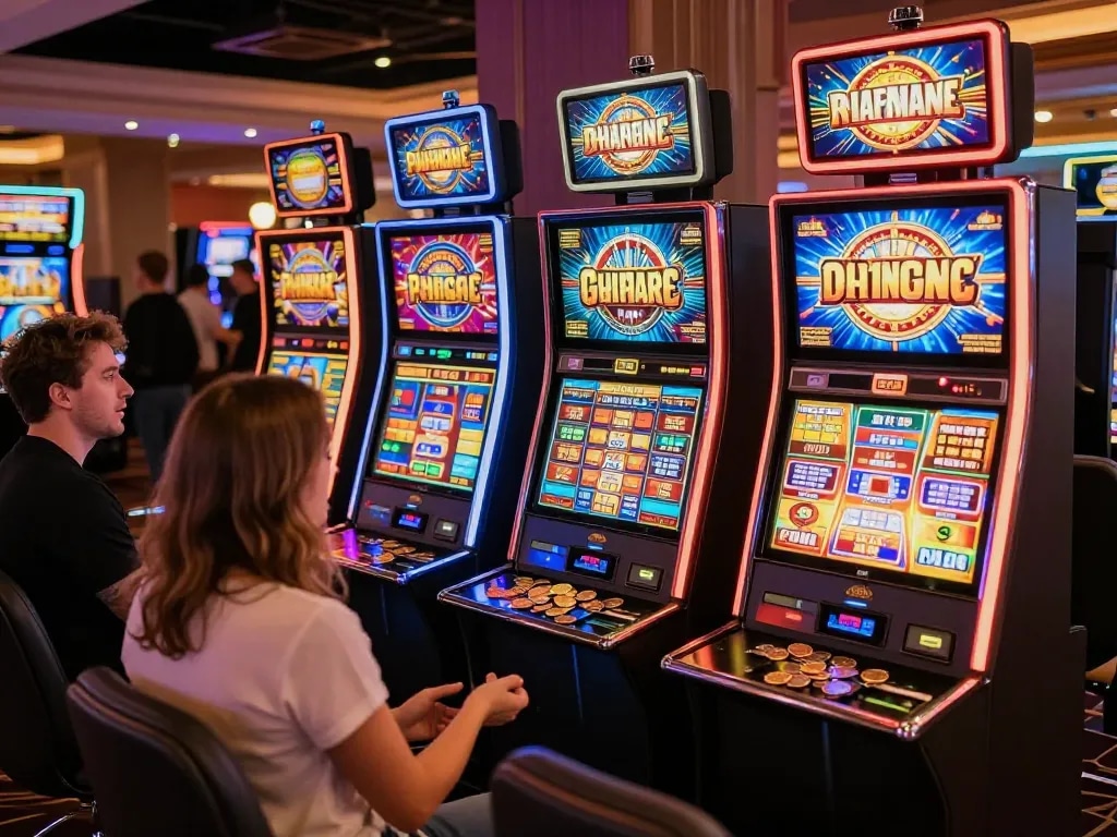 Experience the excitement of slot gacor wins at a lively casino with colorful machines.