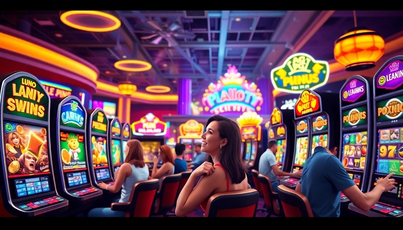 Experience thrilling PG Soft Demo slots in a lively casino atmosphere with vibrant lights and excited players.
