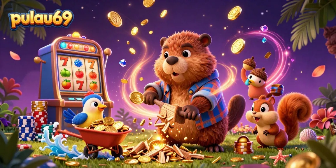 Experience pulau69's top slots with a cartoon beaver chopping a coin tree in a vibrant casino scene.