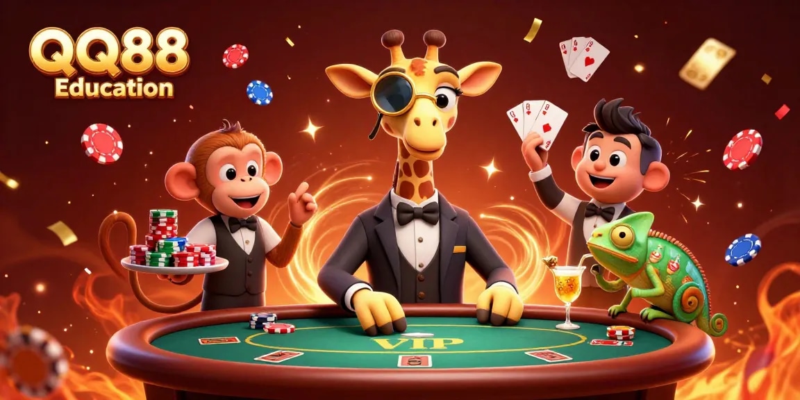 Experience the excitement of QQ88 Education with a dynamic casino illustration featuring a high-roller giraffe and lively gambling elements.