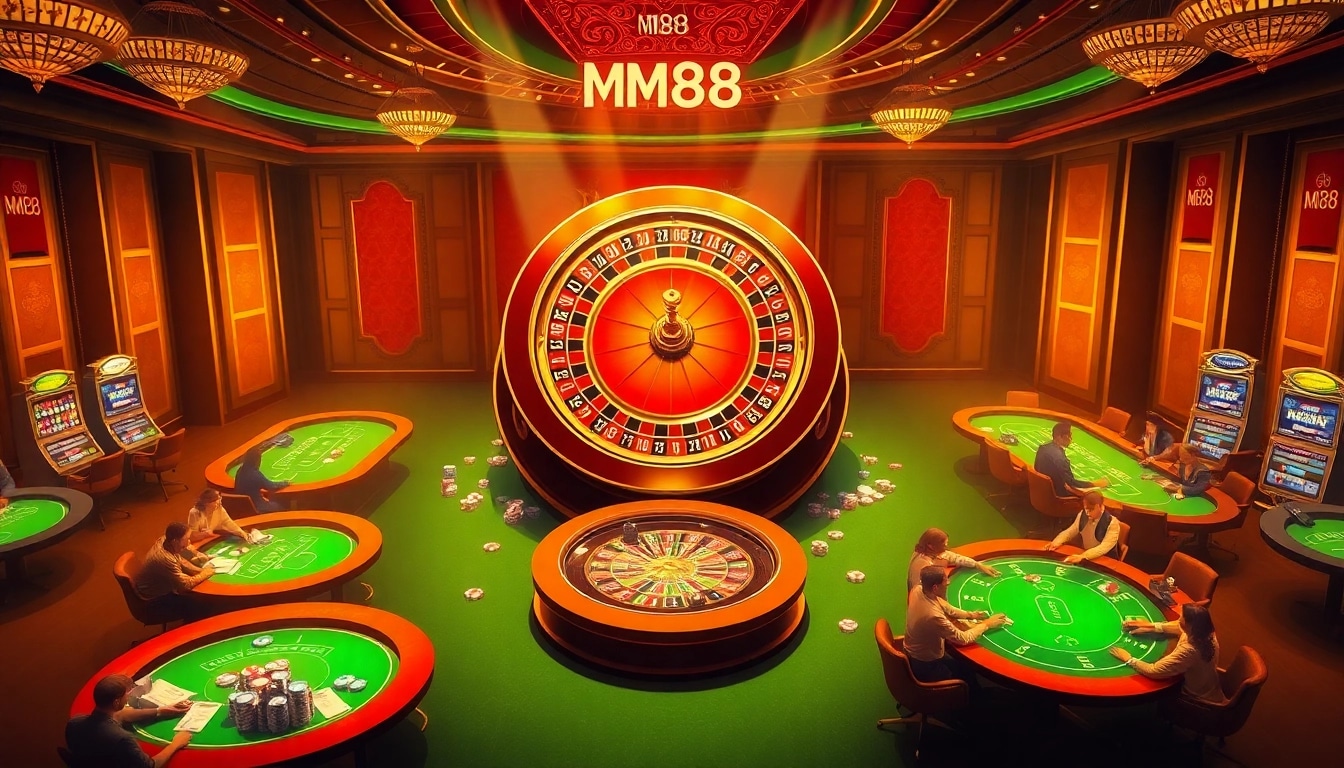 Exciting casino scene showcasing MM88 branding with players at roulette and poker tables.