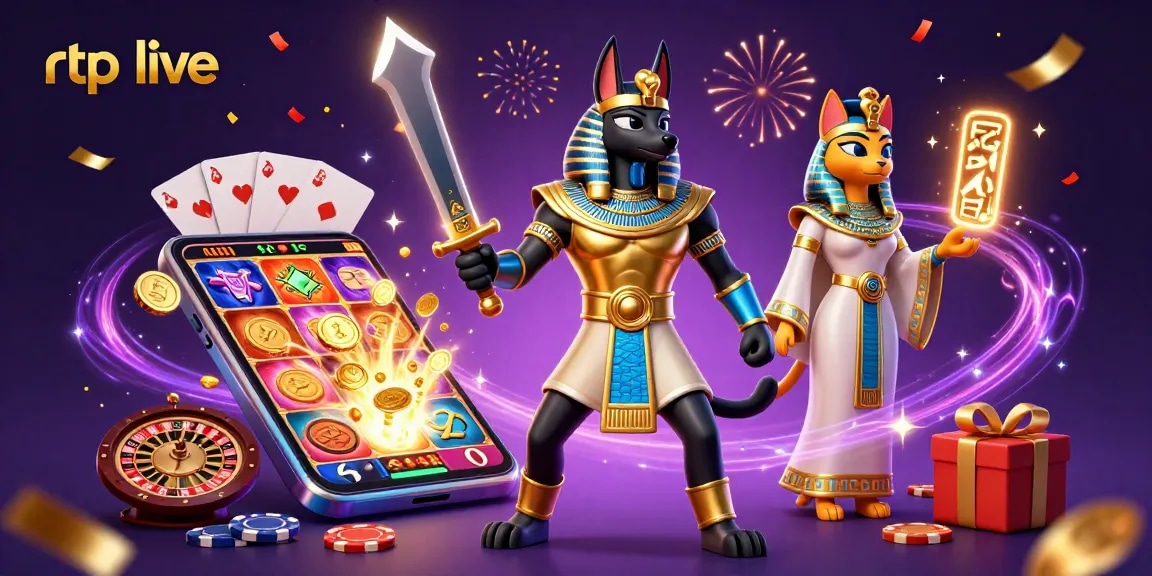 Play exciting slots and discover rtp live updates with Anubis and Bastet in a vibrant 3D illustration.