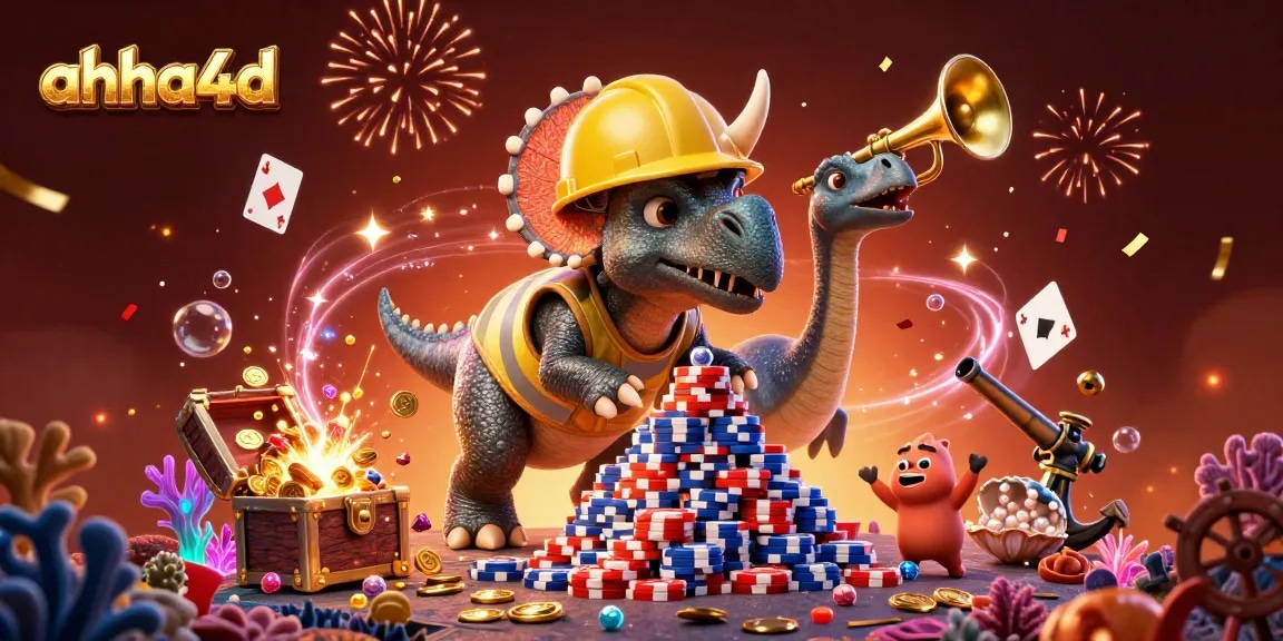 Membangun kasino penuh warna dengan ahha4d, triceratops dan selebrasi di antara harta karun.