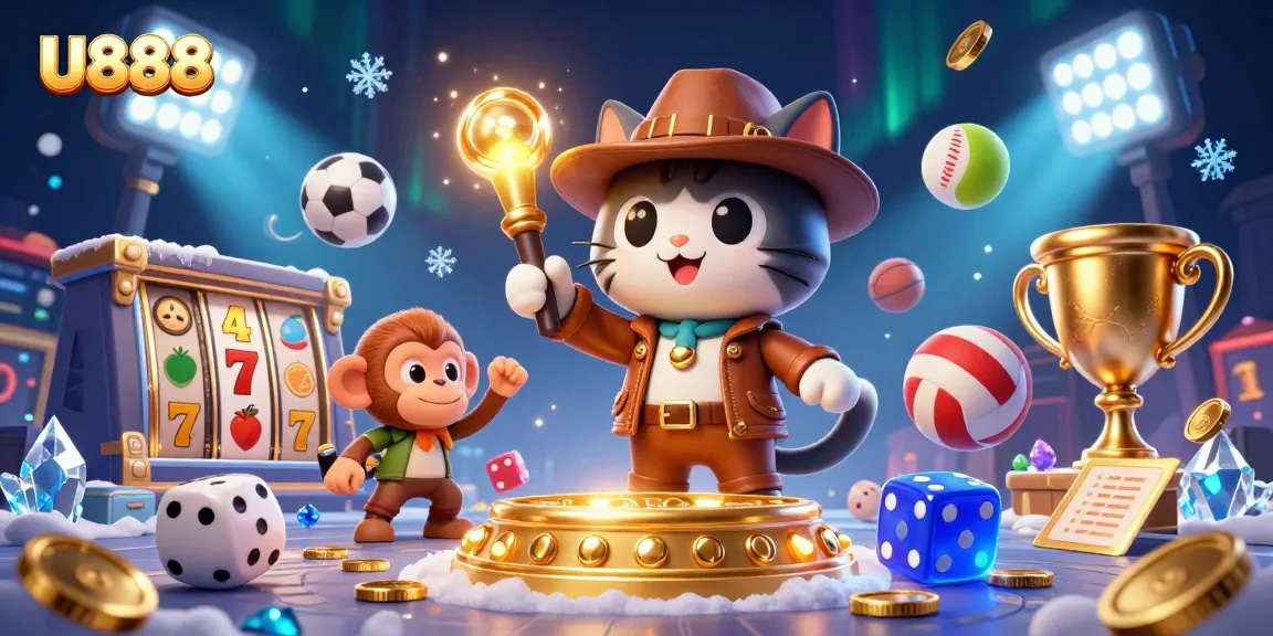 Engage with U888's captivating casino experience through an adventurous scene showcasing slot reels and vibrant characters.
