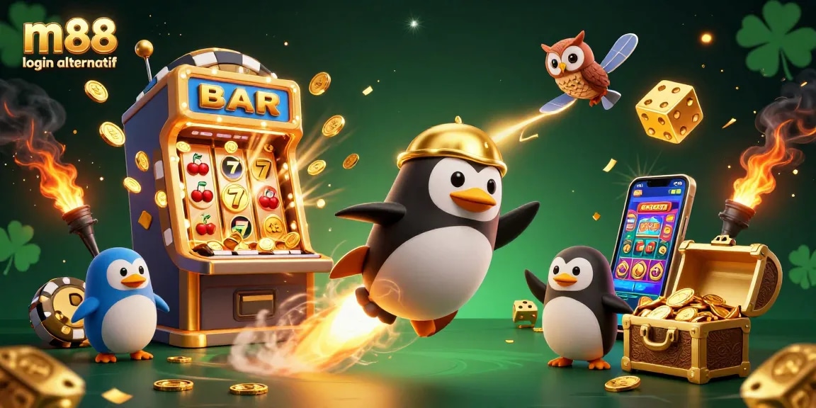Grafik menarik m88 login alternatif menampilkan penguin emas dan mesin slot meledak isi koin di luar angkasa.