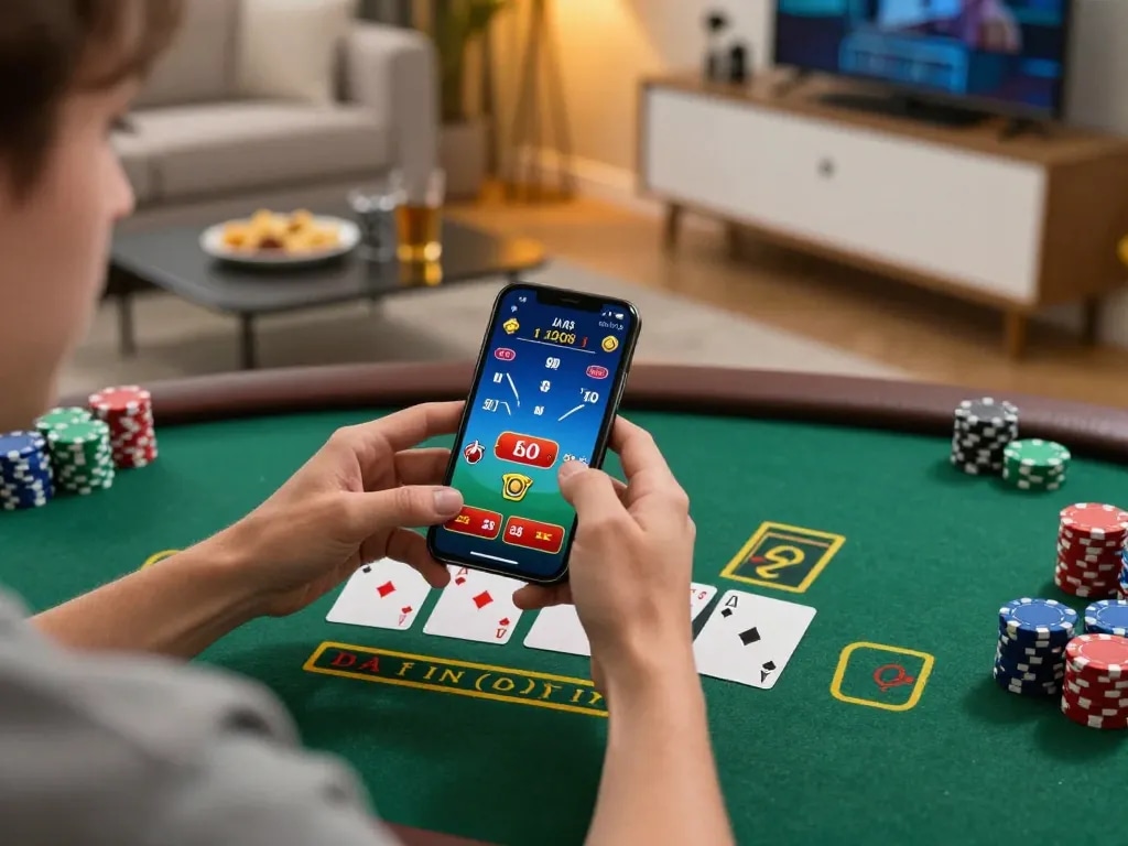 Player engaging in online blackjack on mobile device, exploring trang chủ 23win gaming options.