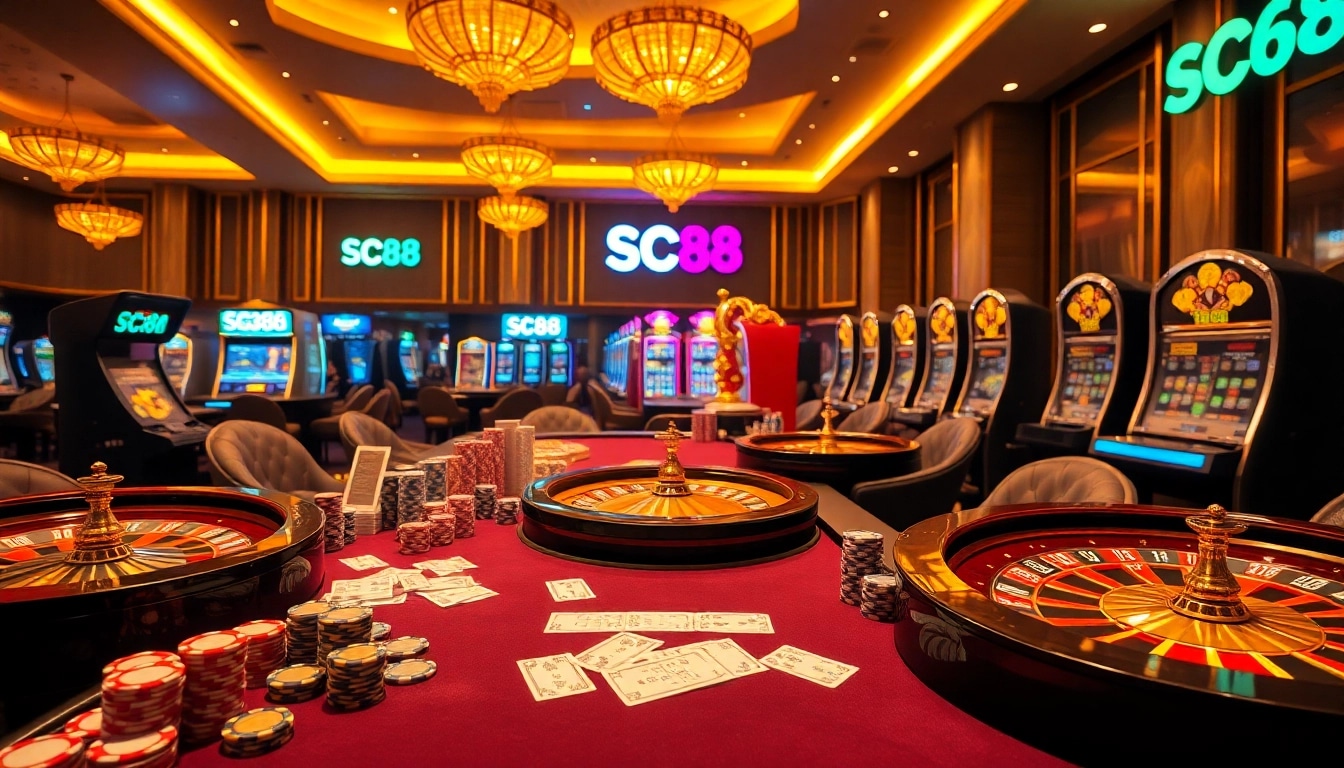Experience the thrill of gambling with SC88, featuring casino tables, poker chips, and roulette wheels.