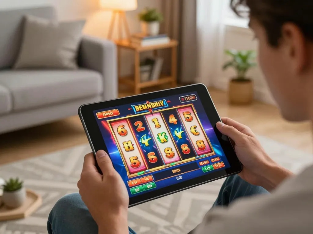 LIGALGO player engaging with colorful slots on a tablet in a cozy living room setting
