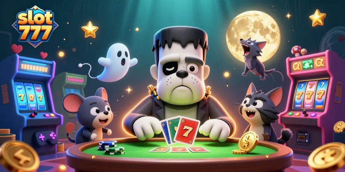 Spin the reels with slot 777 as a 3D cartoon bulldog monster deals cards in a vibrant casino scene.