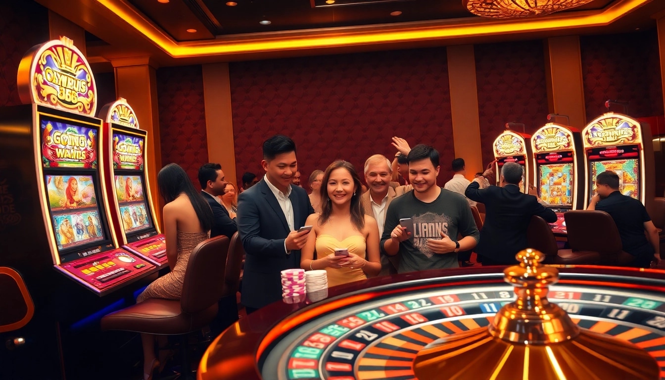 Engaging scene of OLYMPUS88 slot machines in an exciting casino atmosphere with vibrant players.