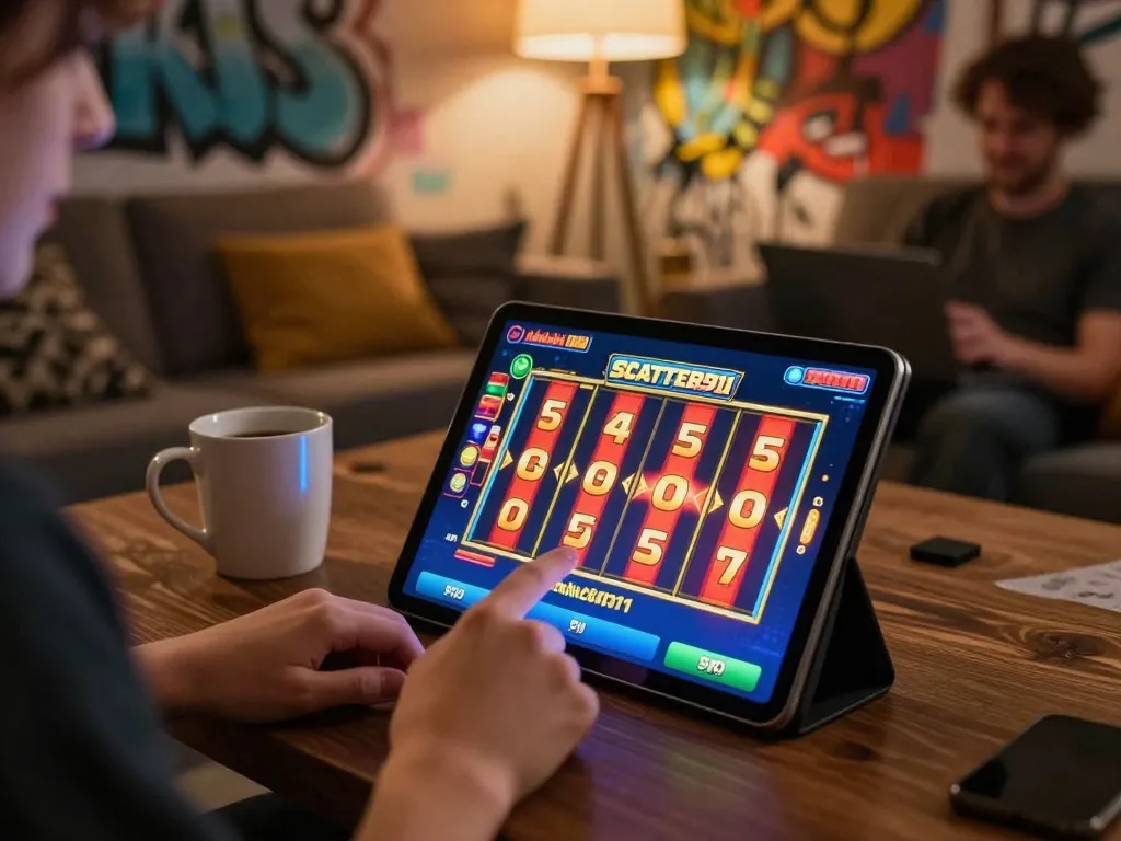 Engaging in online slots with SCATTER911 on a tablet in a cozy home setting.