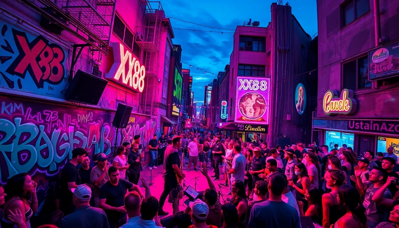 Dynamic urban performance scene representing XX88 music genre with neon lights and enthusiastic crowd.