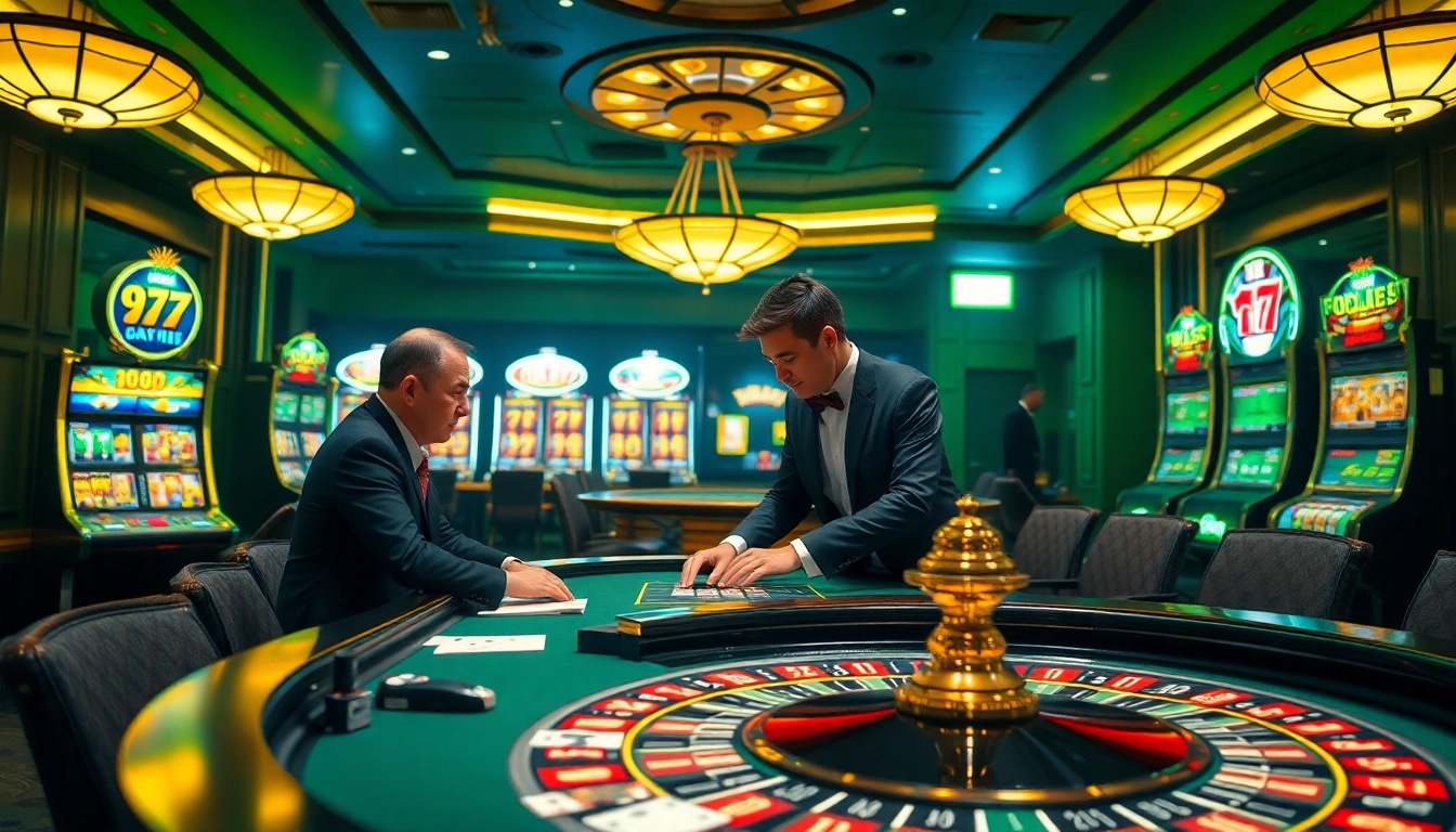 Bola gila players betting at a high-stakes casino table with vibrant slots behind.