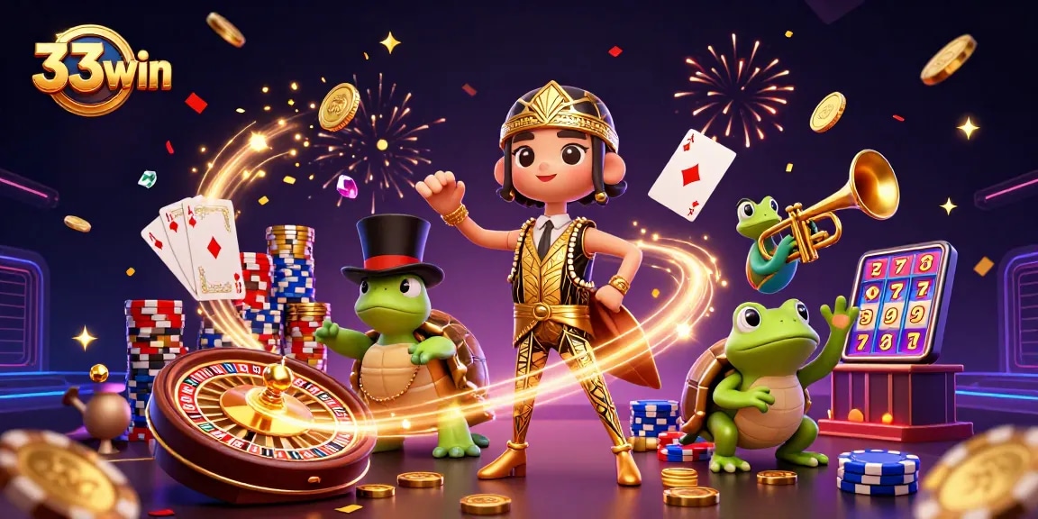 Engage with 33win's vibrant casino atmosphere featuring exciting characters, games, and golden treasures.