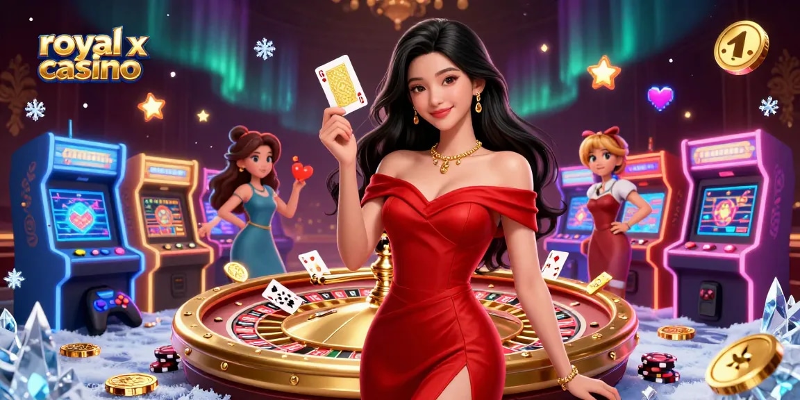 Engaging scene showcasing royal x casino with a beautiful Asian woman amidst vibrant gaming elements.