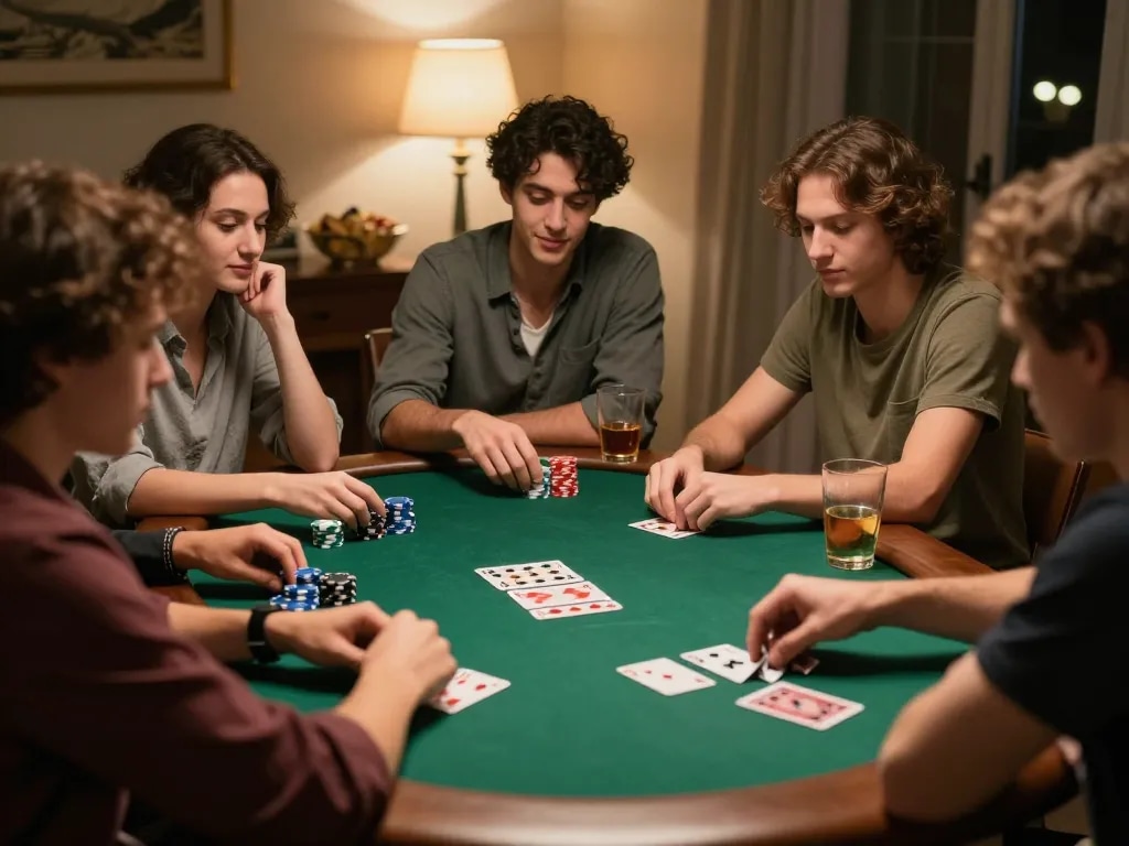 Players enjoying a competitive poker night at home with friends, showcasing their strategic moves at the game around a table.