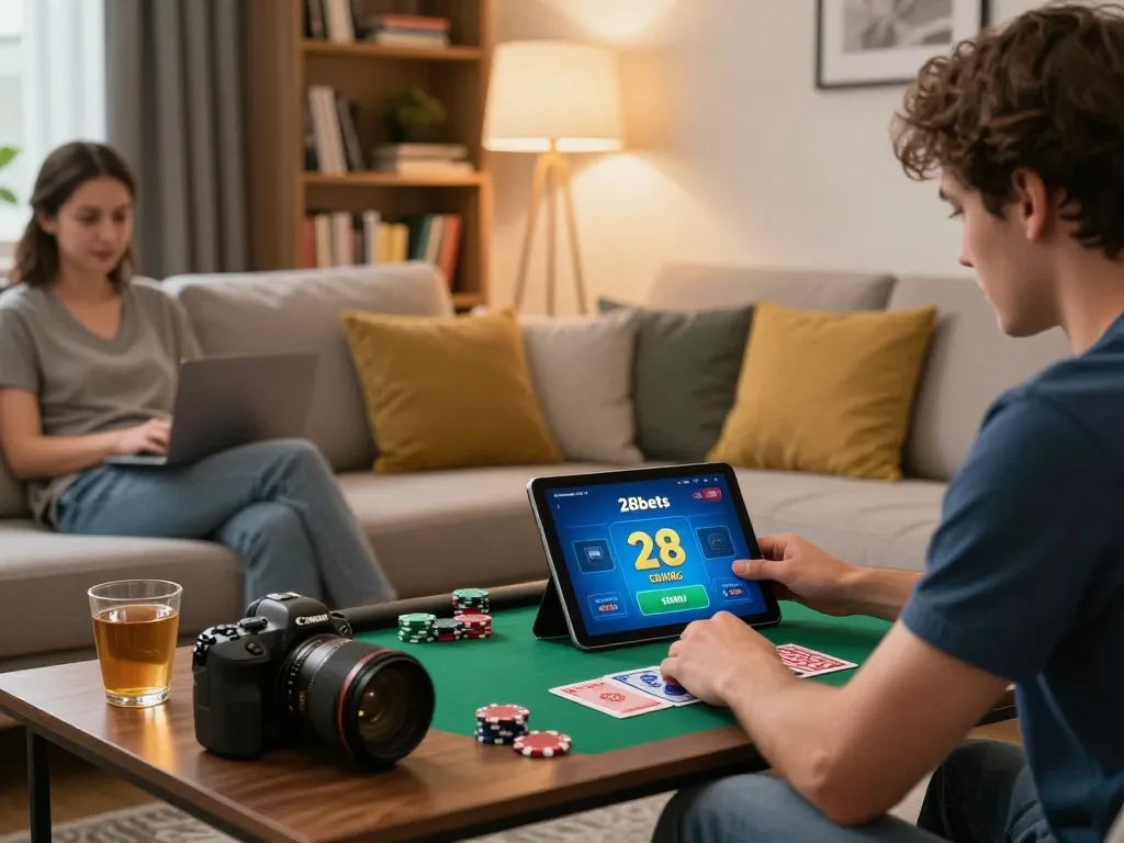 A person enjoying the 28bets gaming app on a cozy living room sofa, showcasing strategic online gambling.