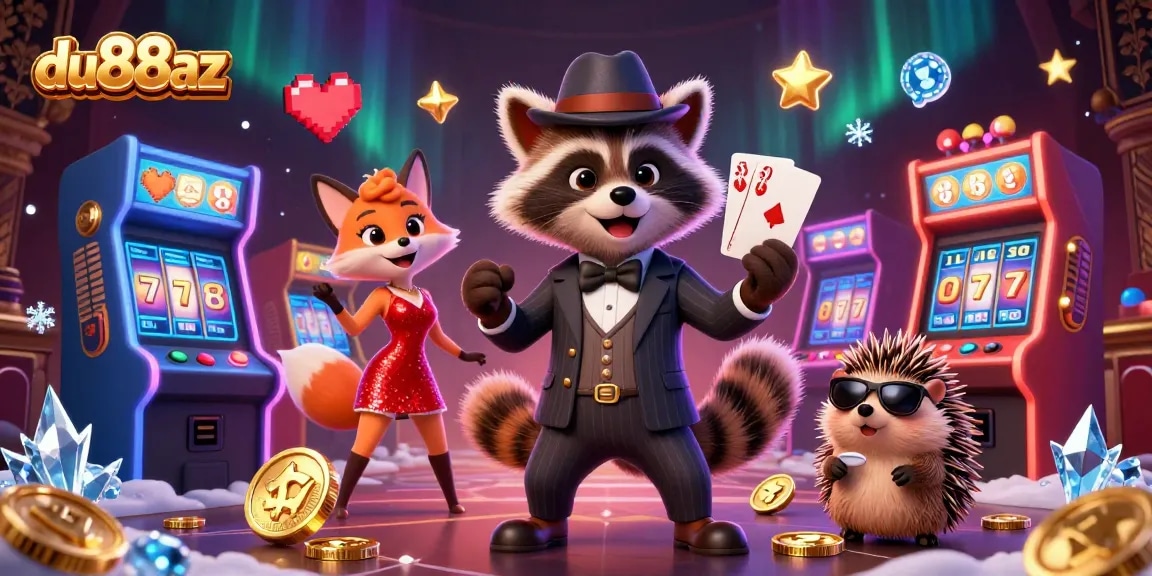 Play with du88az for a thrilling casino adventure featuring a stylish raccoon and fox in a vibrant setting.