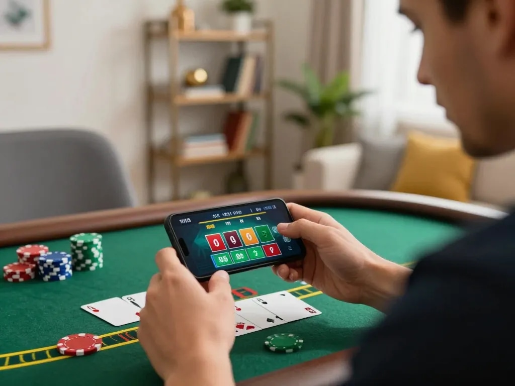 UGDEWA player engaging with live dealer blackjack game on smartphone, showcasing online gambling excitement