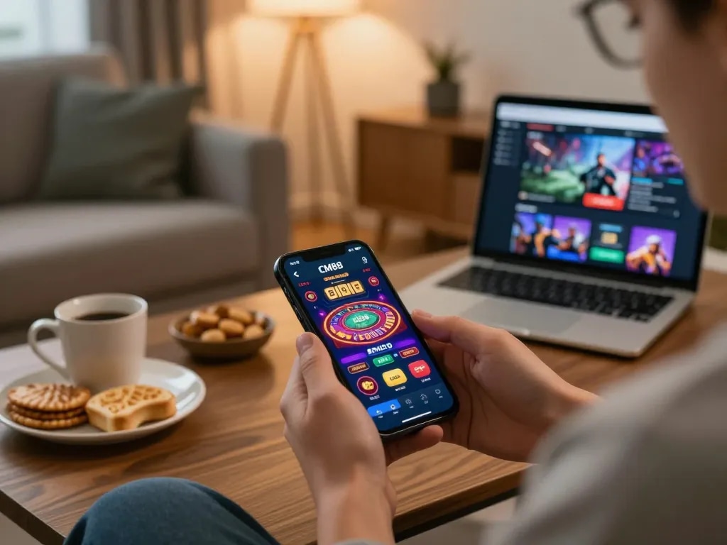 Enjoy thrilling online betting on CM88 through a mobile app in a cozy living room setting.