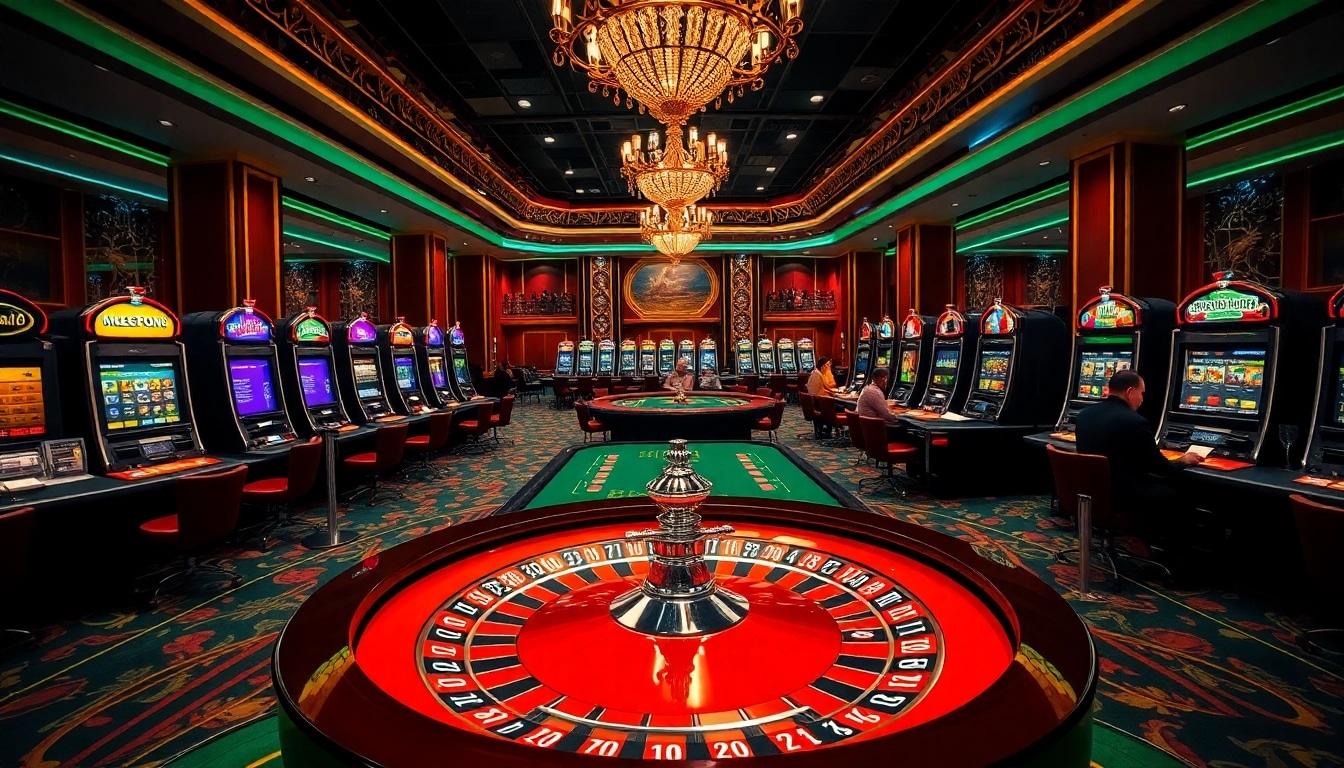 Exciting gambling scene at 78Win casino featuring roulette table, poker gameplay, and vibrant slot machines.