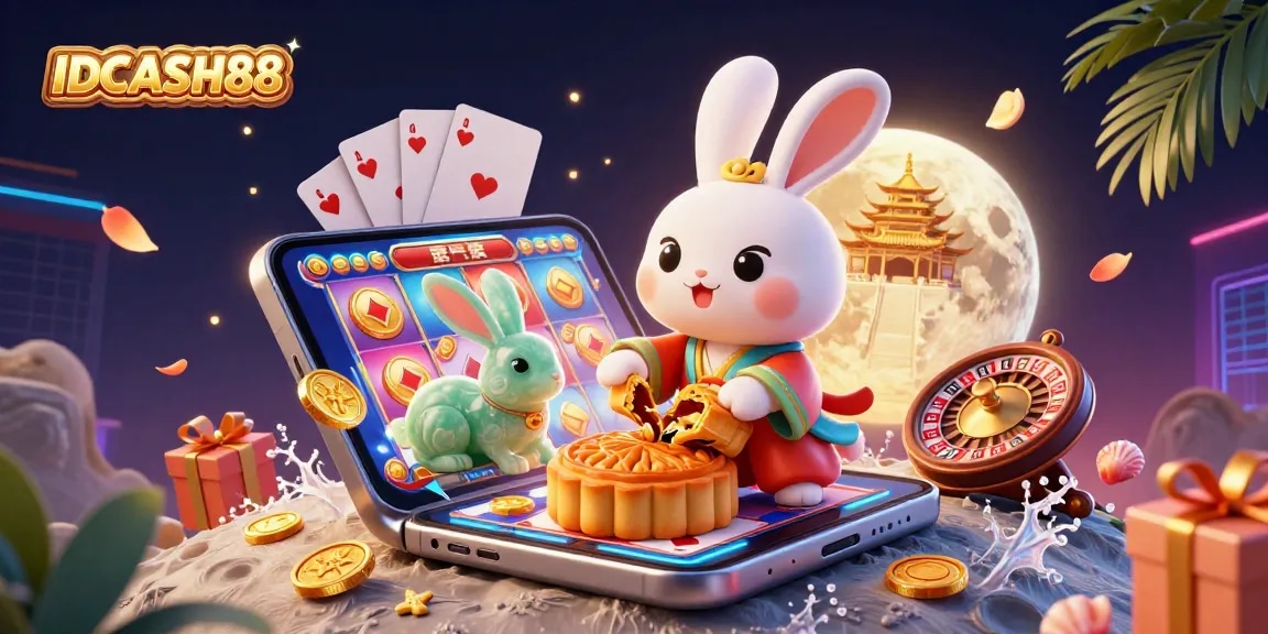 Play exciting slot games with IDCASH88, featuring vibrant 3D artwork of characters and casino elements.