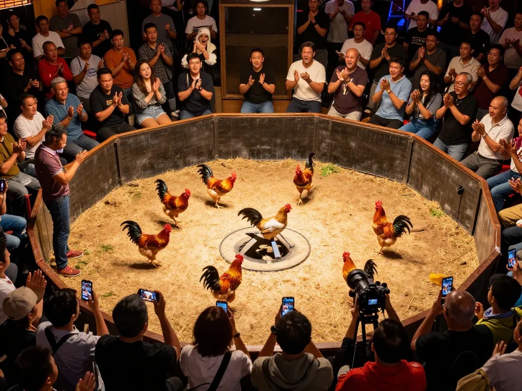 Exciting view of a bồ gà xà xía event with spectators cheering and fighting chickens in action