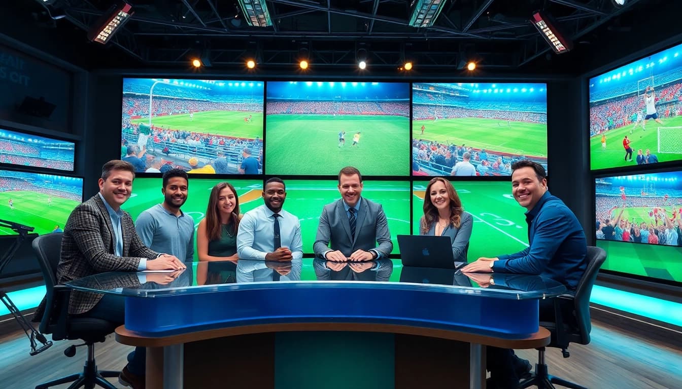 Hosts enthusiastically engage in Sports Broadcasting with vibrant graphics in the background.