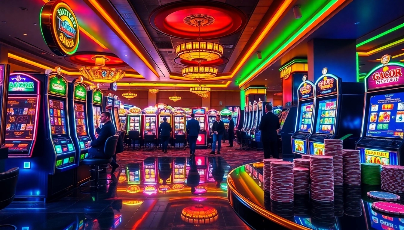 Excited players engaging with slot gacor machines in a vibrant casino ambiance.