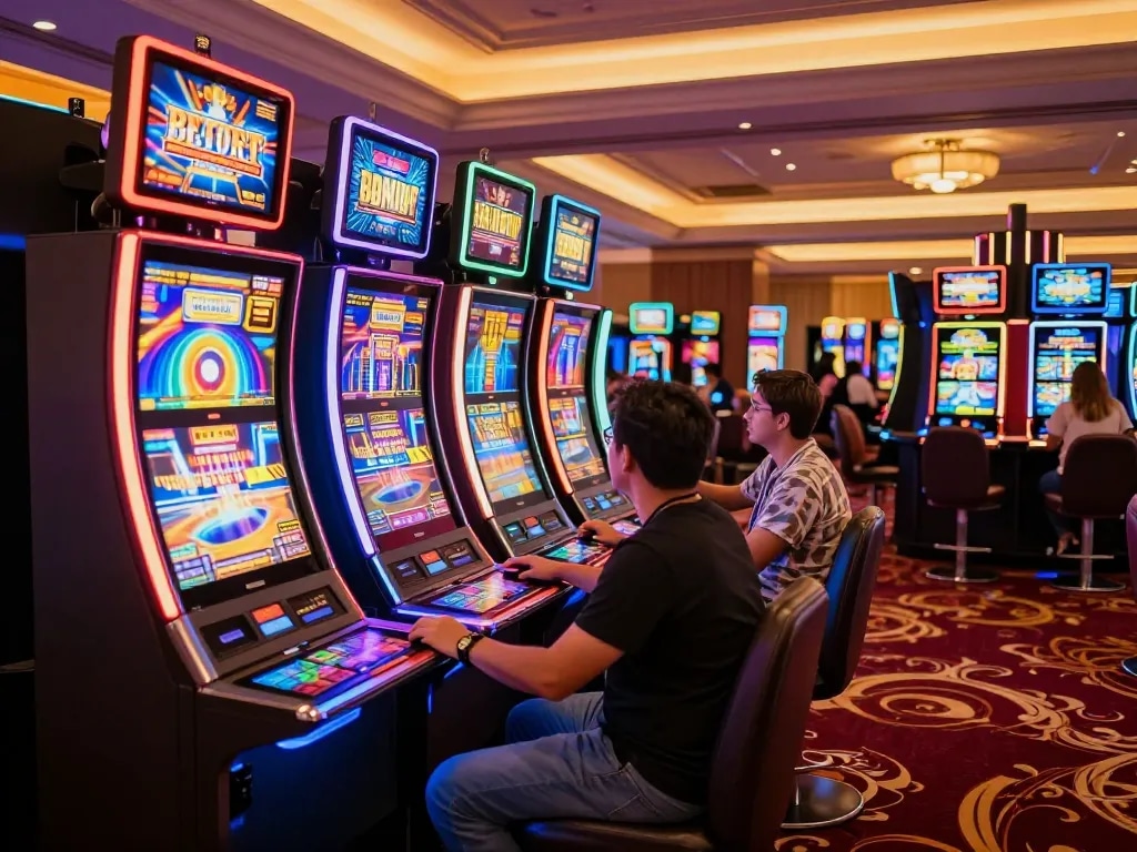 Exciting slot machine action at trang chủ fly88 with vibrant machines and engaged players