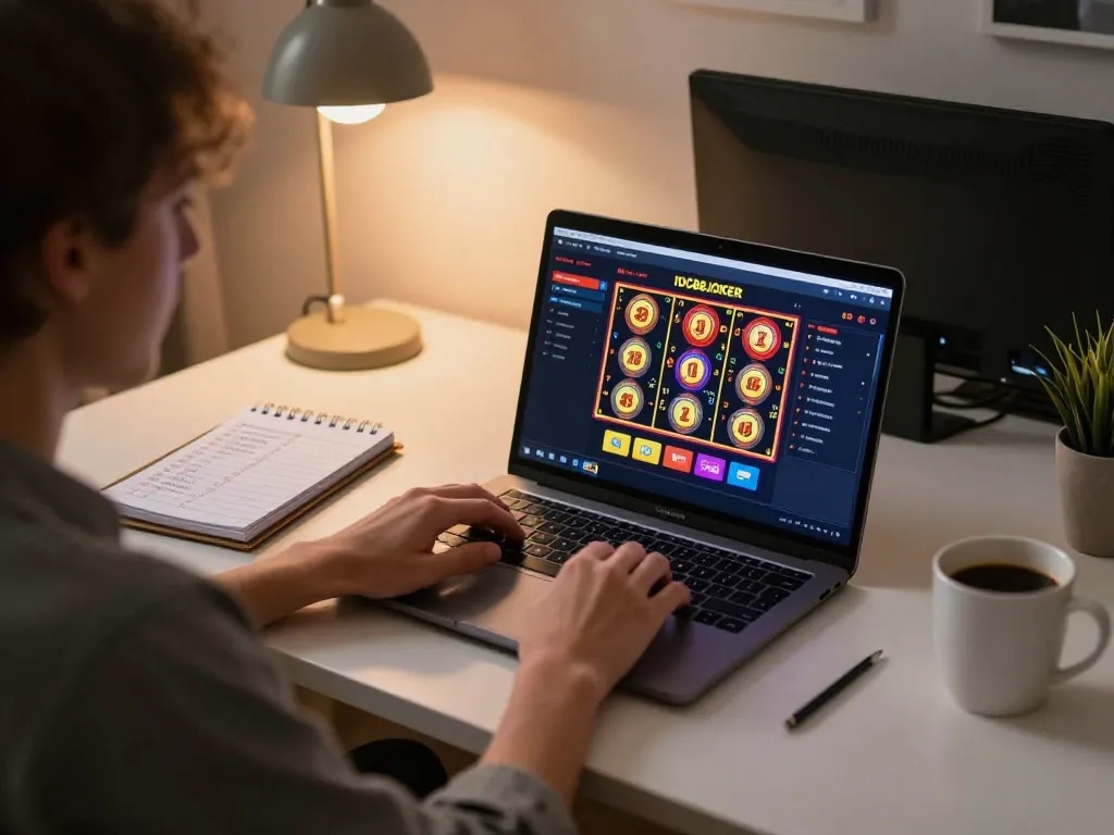 Engaging online gaming scene with IDC88JOKER interface and strategic playing notes visible