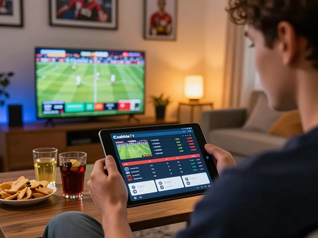 CakhiaTV user engaged in sports betting with dynamic live updates in vibrant setting.