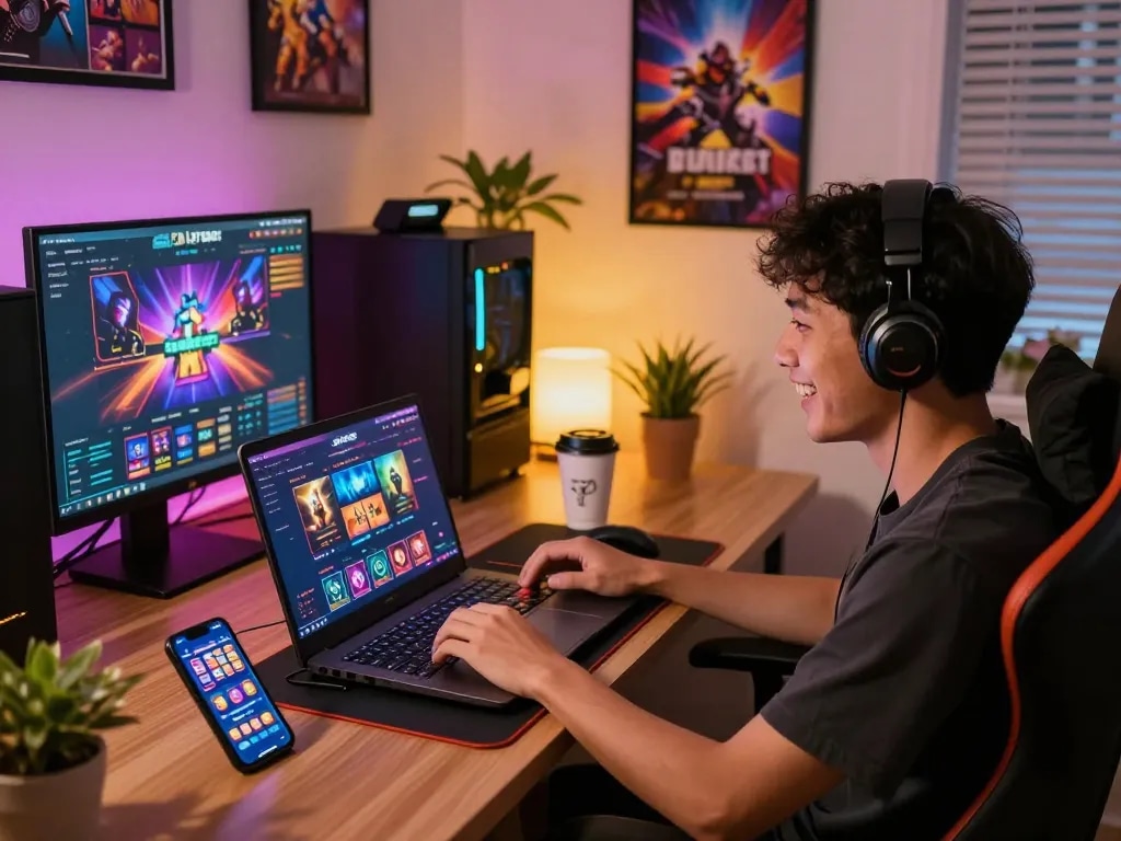 Situs slot gacor gameplay displayed on a laptop screen in an inviting home office setup.