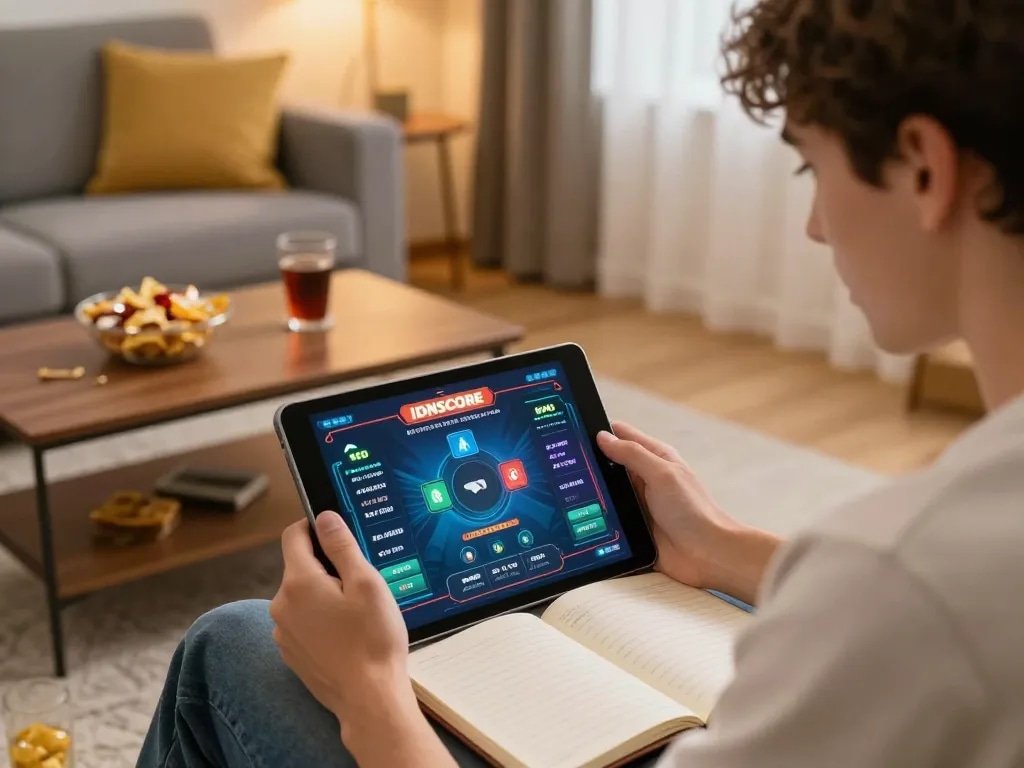 IDNSCORE player intensely strategizing in a cozy setting with warm lighting and snacks.