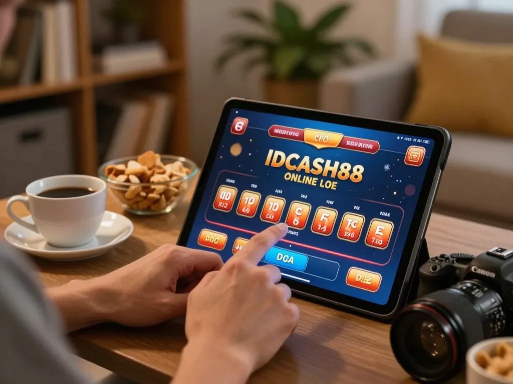 Engaging with IDCASH88 online casino on a tablet in a cozy home setting.