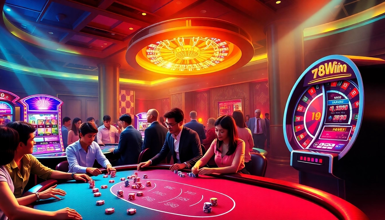Vibrant casino scene highlighting 78Win's poker table, diverse players, and enticing slot machines.