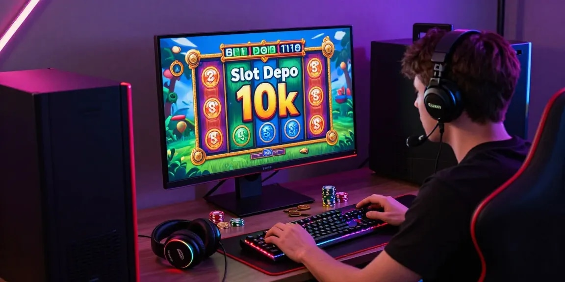 Pengalaman bermain slot depo 10k yang meriah dengan pemain terfokus di monitor dan pajangan koin.