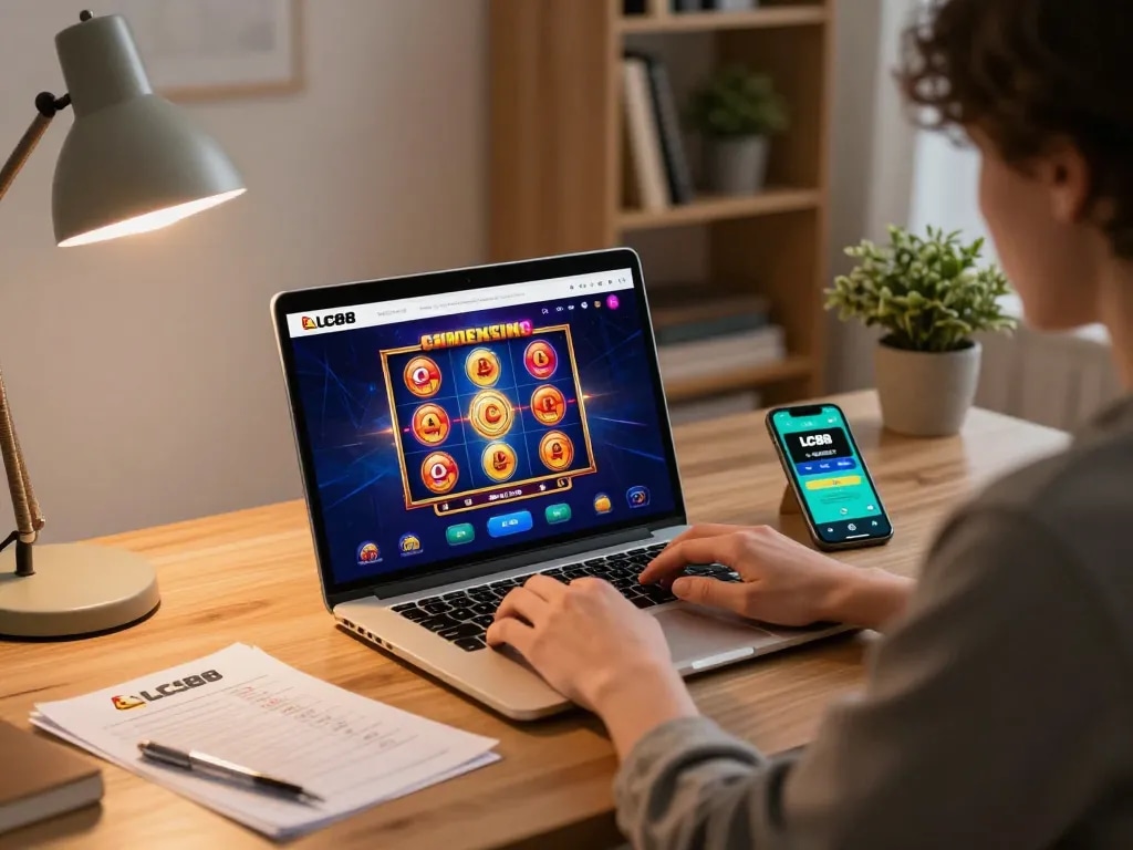 Player enjoying lc88 best online slot game experience at home with strategy notes.