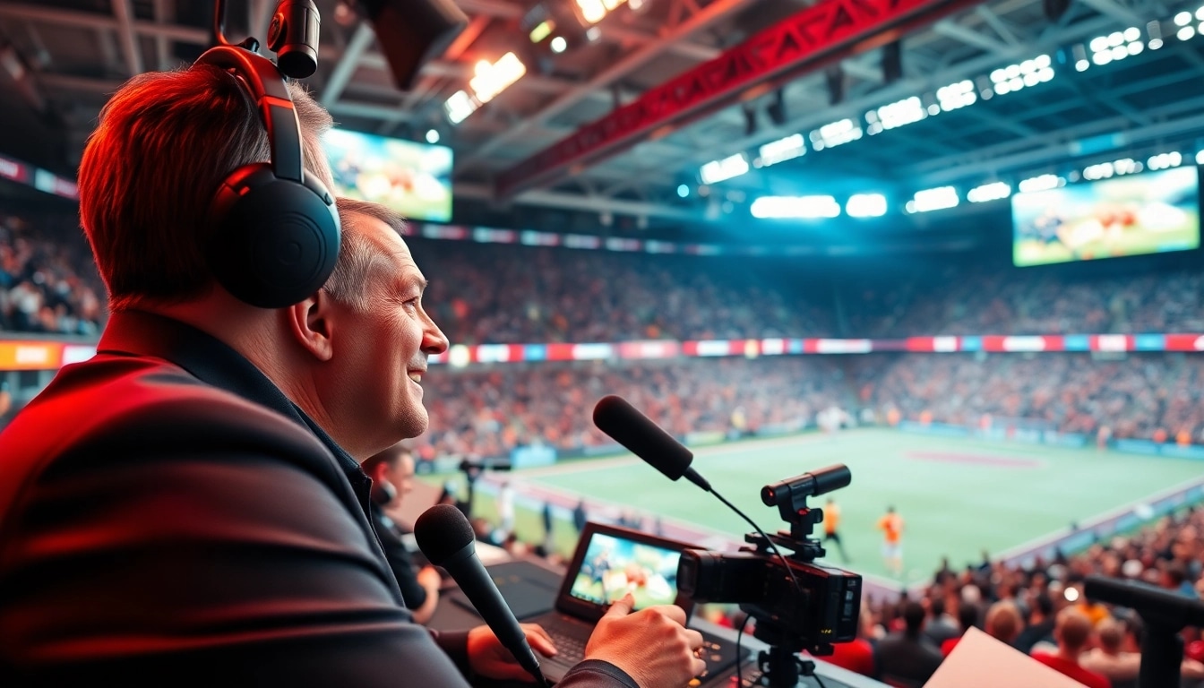 Capturing the energy of sports broadcasting amidst a vibrant stadium environment.