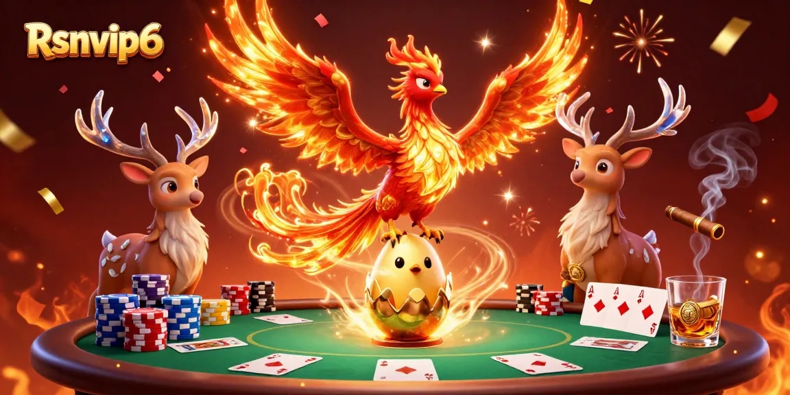 Rasakan dunia mendebarkan Rsnvip6 dengan suasana kasino 3D yang cerah menampilkan seekor phoenix dan elemen poker.