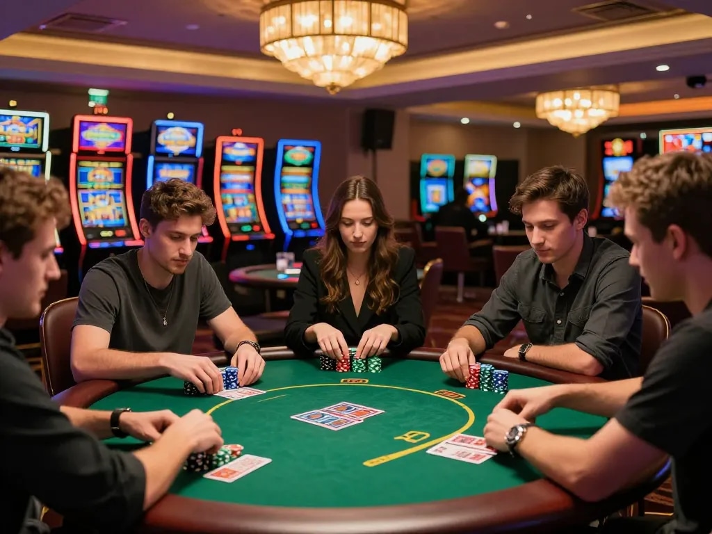 Friends engaged in a competitive poker game at a casino, ZEUS222 strategy unfolding with excitement.