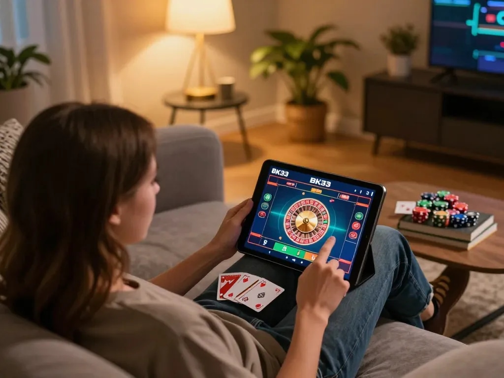 Engaging gameplay on the BK33 app showcasing a roulette game on a tablet in a cozy home setting