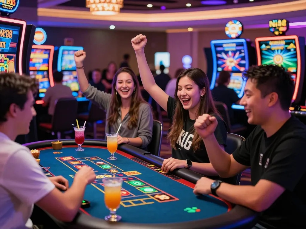 Energetic players at NK88 casino table celebrating wins with lively atmosphere