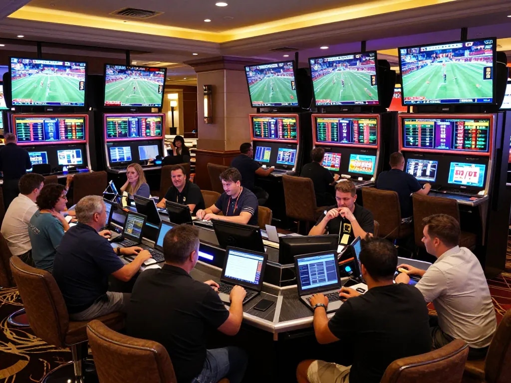 KQBD sports betting enthusiasts placing wagers and engaging with live screens in a luxurious casino environment