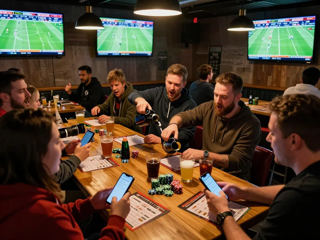 Patrons enjoying live sports betting while watching xoilac matches on multiple screens.