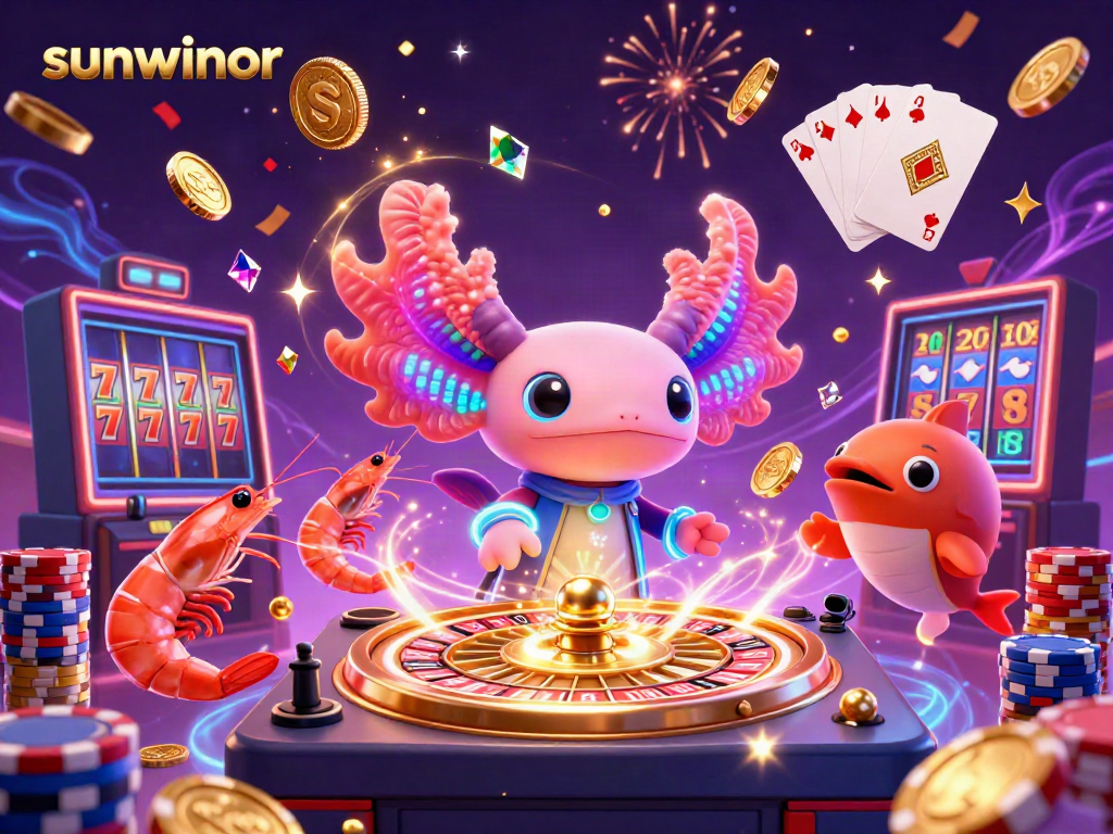 Experience the thrill at sunwinor with a lively underwater casino scene featuring an axolotl DJ and vibrant dance.