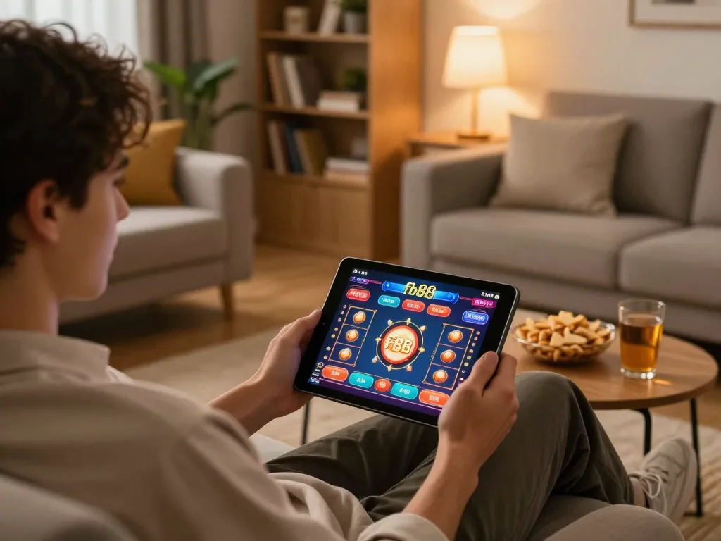 Engaging in online gaming at fb88 on a tablet in a cozy home setting.